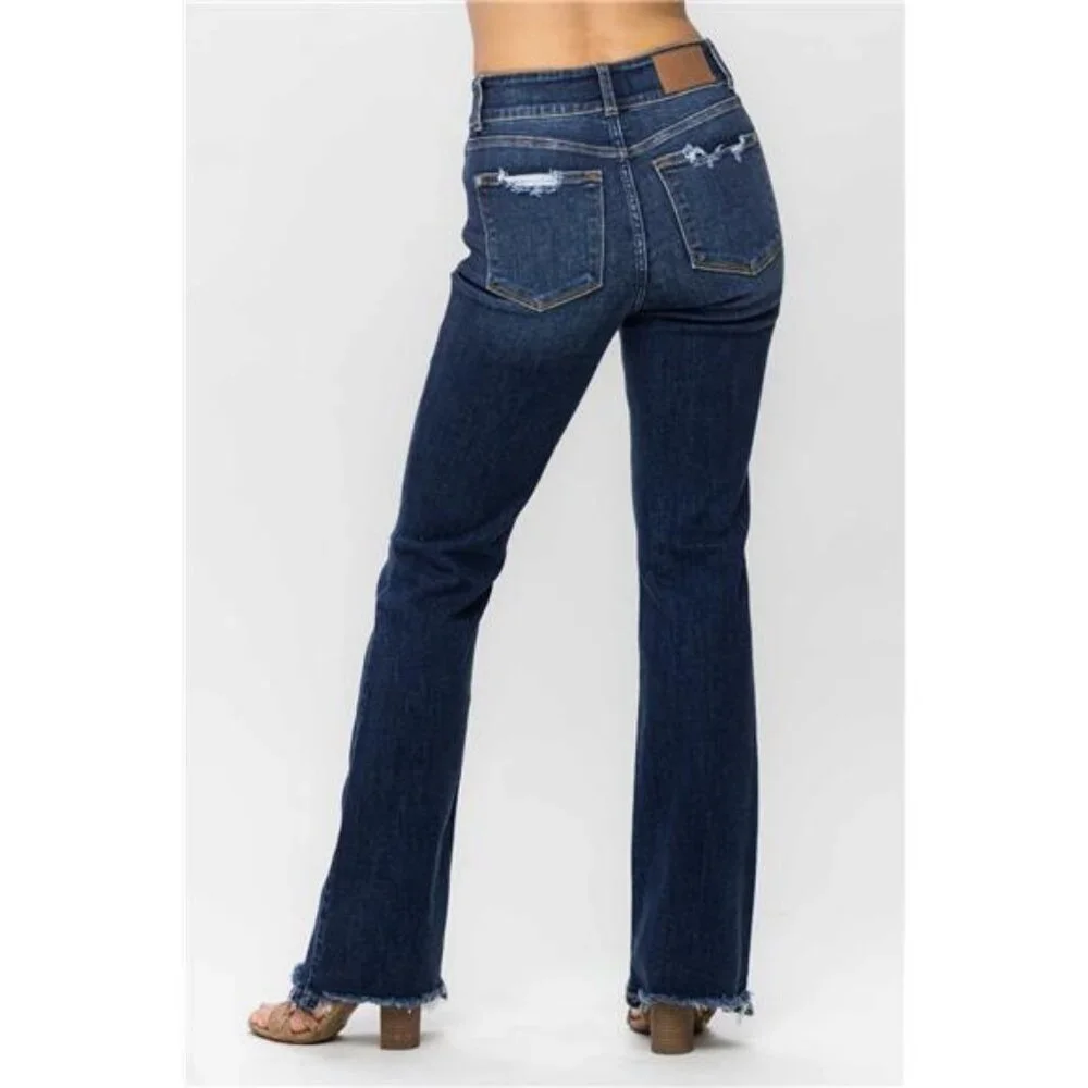 NWT Judy Blue Frayed Hem Bootcut Jeans, Dark Wash, Stretchy, Comfy, Fall Fashion - Picture 5 of 8